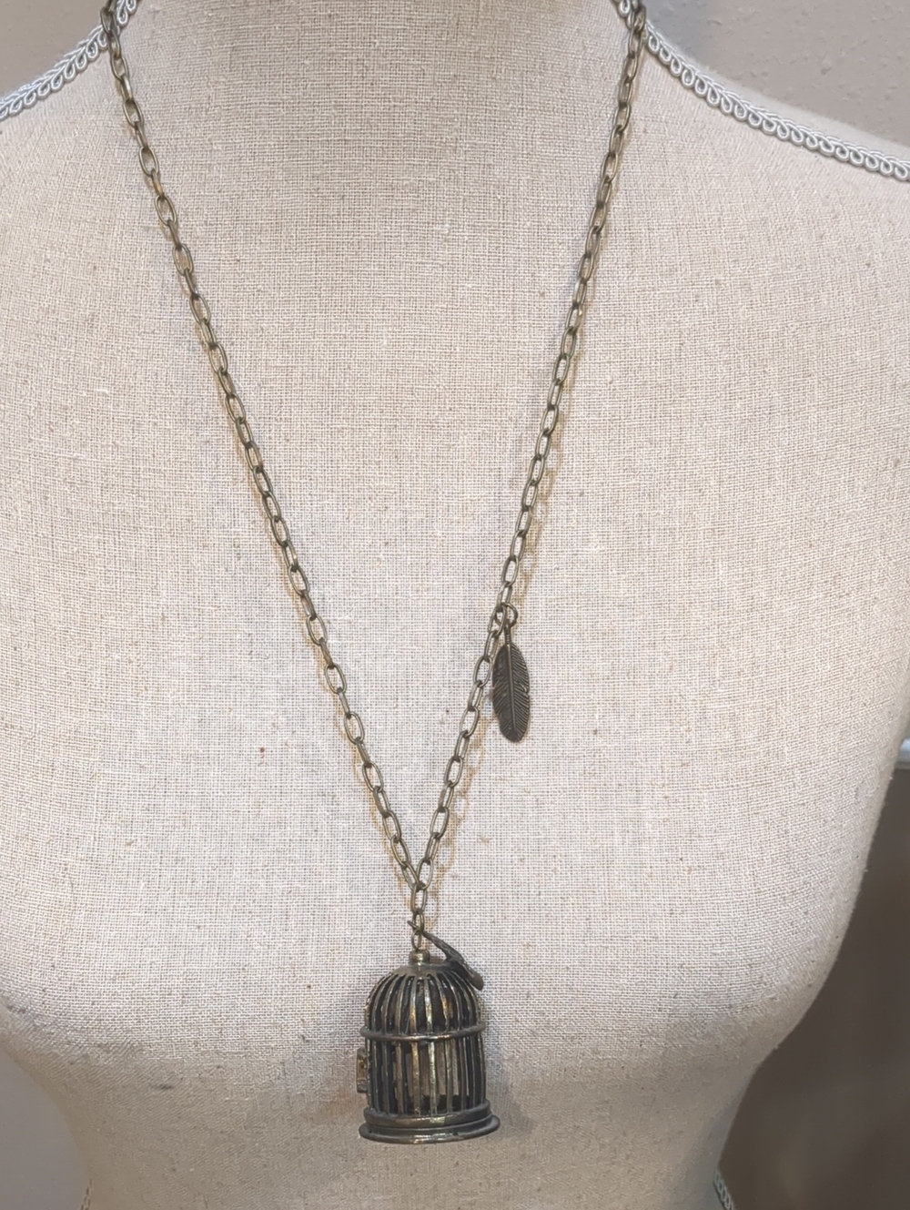 Whimsical Brass Birdcage Pendant Necklace - Women Jewelry